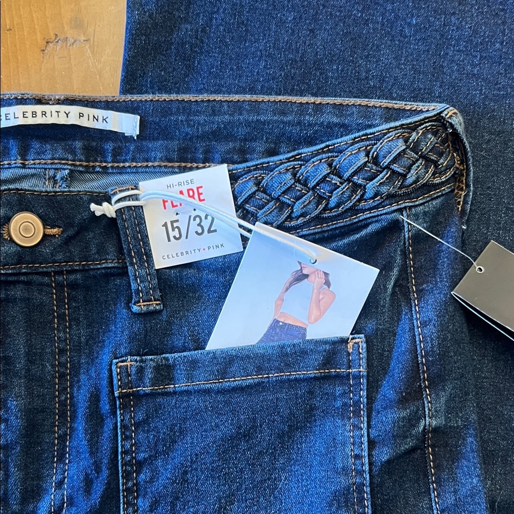 Celebrity Pink Dark Blue Denim Jeans with Braided Waist - Picture 2 of 5